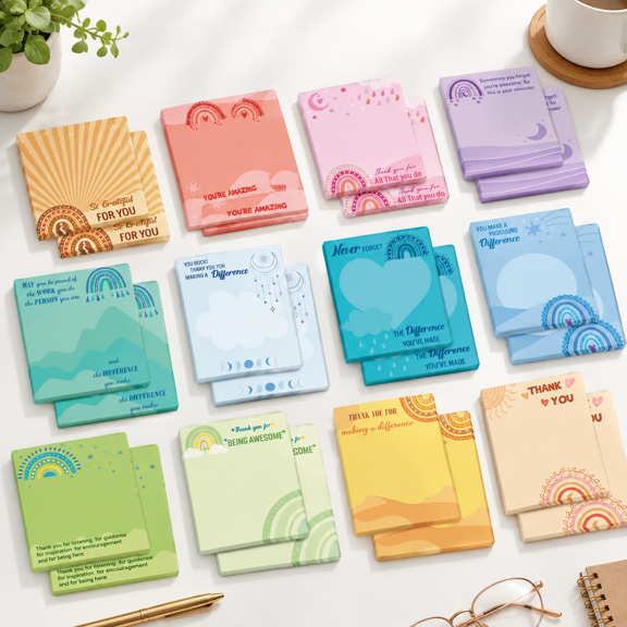 24 Inspirational Appreciation Sticky Notes, Rainbow Design, 720 Total Sheets