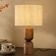 24 Japandi Honey Brown Wood Base Bedside Table Lamp   Modern Classic Nightstand Lamp with Beige Linen Fabric Shade for Bedroom, Living Room