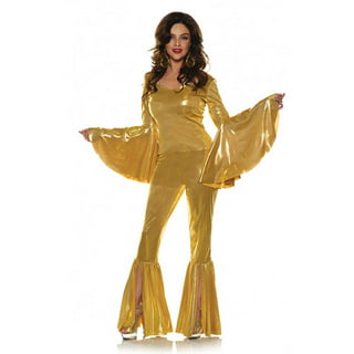Dreamgirl Womens 70s Disco Costume, Adult Retro Gold Jumpsuit, Disco Fox  Halloween Costume