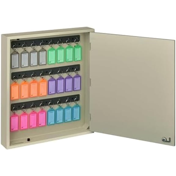 24-Key Cabinet with Lock, Wall Mount Wooden Key Organizer, Security Key Storage Box (24 Positions) with Numbered Hooks & Assorted Key Tags Commercial & Home Use (Beige)$$Office
