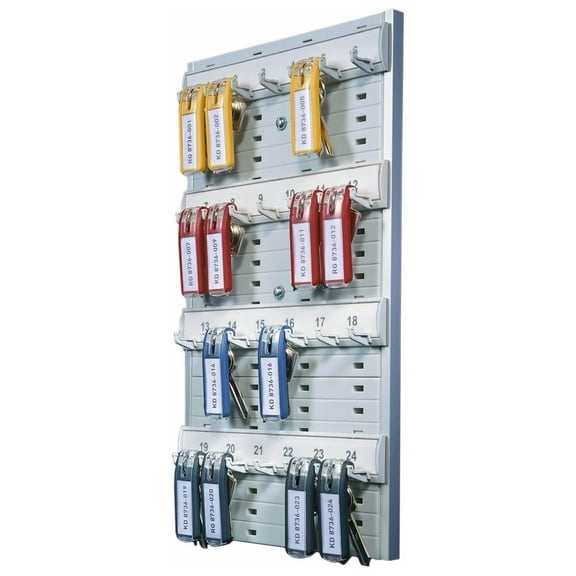 24 Key Rack - Wall Mounted Key Organizer Board, Gray Plastic Key Holder for 24 Keys, Space Saving Key Storage with 6 Key Clips - Home, Office, Workplace