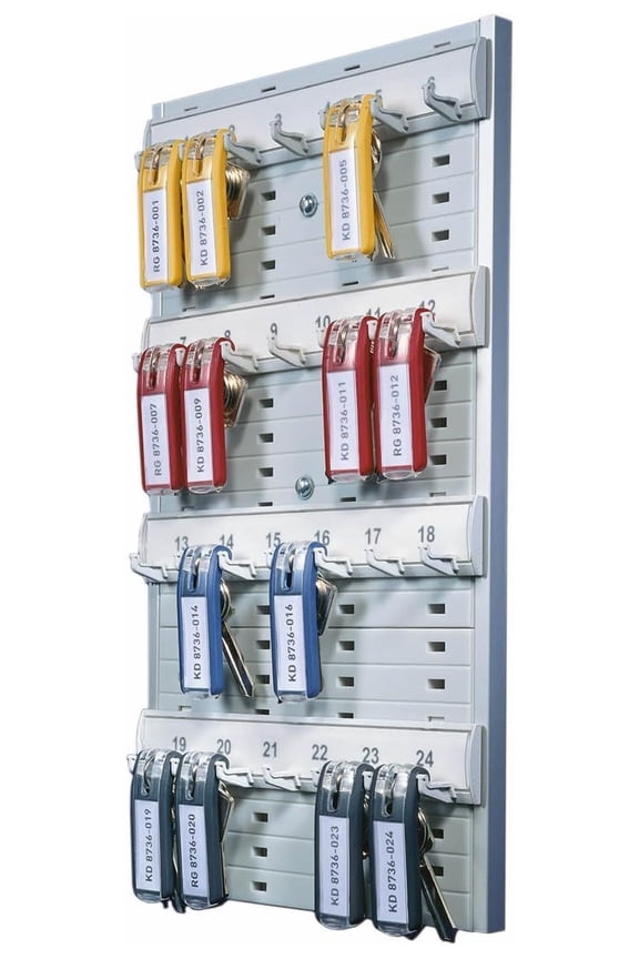 24 Key Rack - Wall Mounted Key Organizer Board, Gray Plastic Key Holder for 24 Keys, Space Saving Key Storage with 6 Key Clips - Home, Office, Workplace