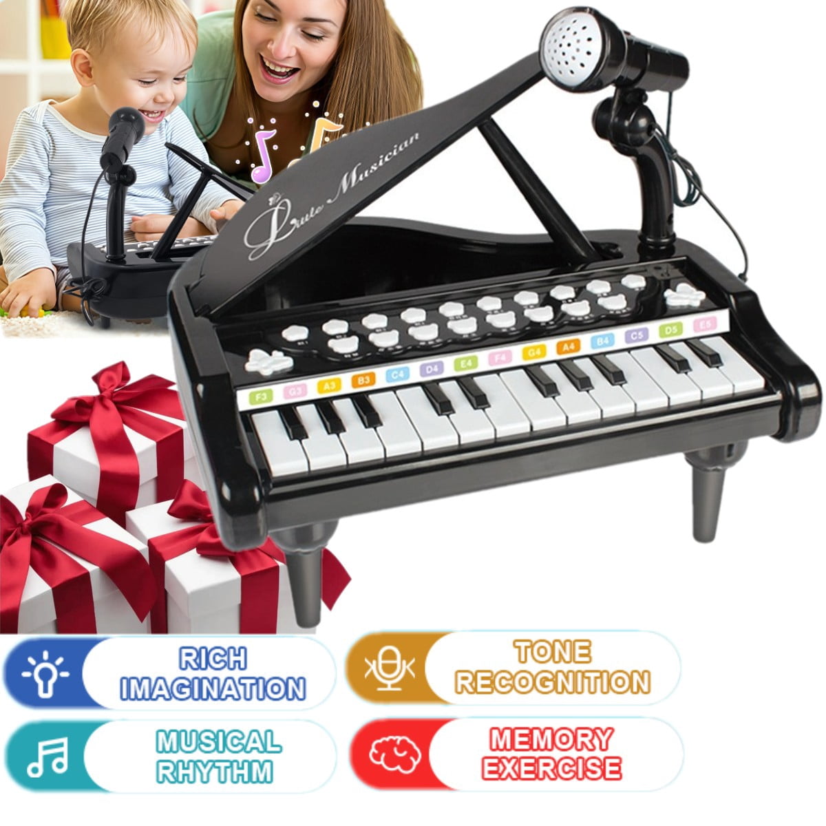 24 Keys Piano Toy for Girls Boys, Cute Piano for Kids with Built-in Microphone & Music Modes, Preschooler Music Learning Popular Piano Toys, Birthday Christmas Gift for Kids Aged 3-6+, Black