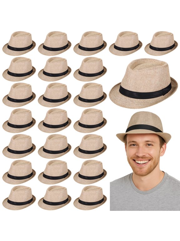 24 Khaki Fedora Hats, Unisex Short Brim Linen Sun Hat With Black Ribbon, 22.8 In Circumference, Fashionable Church, Travel, Outdoor Wear