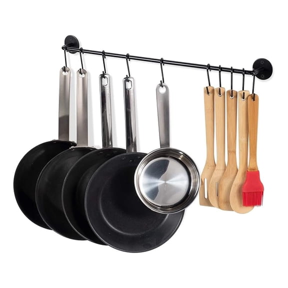 24" Kitchen Rail with 10 Hooks - Pot Rack for Hanging Utensils, Pans & Lids - Steel Organizer - Black - Farmhouse Style Wall Mounted Storage