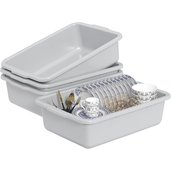 24 L Plastic Rectangle Utility Bus Box, Gray Restaurant Bus Tubs, 4 Pack