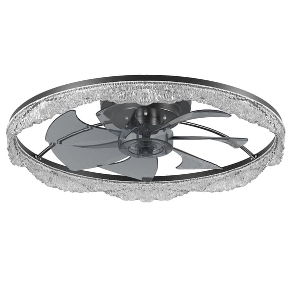 24” LED Ceiling Fan Light Flush Mount Acrylic Ring Hidden Blades Remote Control Dimmable Black