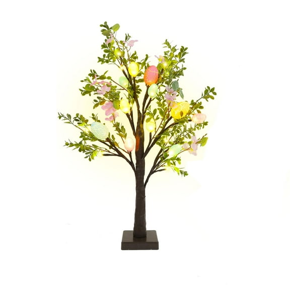 24" LED Easter Egg Tree, 1PCS Lighted Spring Tree with Artificial Pink Flowers & 12 Glittered Easter Egg Ornaments, Battery-Powered Easter Tabletop Decor for Home, Easter Party & Brunch Centerpiece