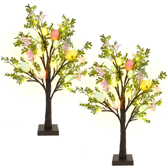 24" LED Easter Egg Tree, 2PCS Lighted Spring Tree with Artificial Pink Flowers & 12 Glittered Easter Egg Ornaments, Battery-Powered Easter Tabletop Decor for Home, Easter Party & Brunch Centerpiece