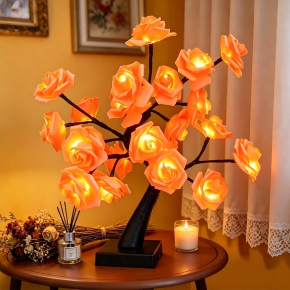 24 LED Pink Rose Tree Light, Artificial Bonsai Flower Table Lamp, USB Battery Powered Romantic Night Light for Bedroom Living Room Party Wedding, Valentine's Day Mother's Day for Her