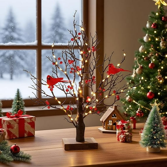 24 LED Vintage Glowing Tree with Cardinal, 21Inch Berries Cardinals Appear, Angels are Near, Operated by Battery Twinkle Trees Lamp with Lighted Branches, for Halloween, Christmas (1pcs)