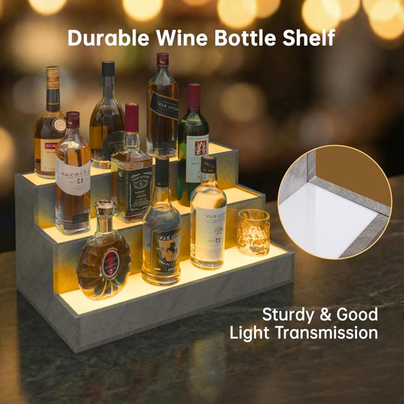 24" LED Wine Rack Liquor Bottle Display Shelf for Home Bar, Lighted Whiskey Display Stand with 100+ Lighting Effects, Music Sync, APP & Remote Control, Bar Bottle Organizer, Home Bar Decor，Grey