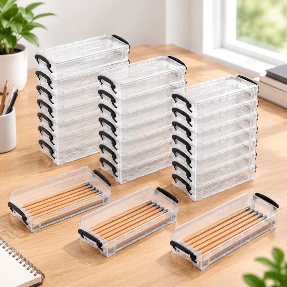 24 Large Capacity Transparent Plastic Pencil Boxes with Snap-Tight Lids