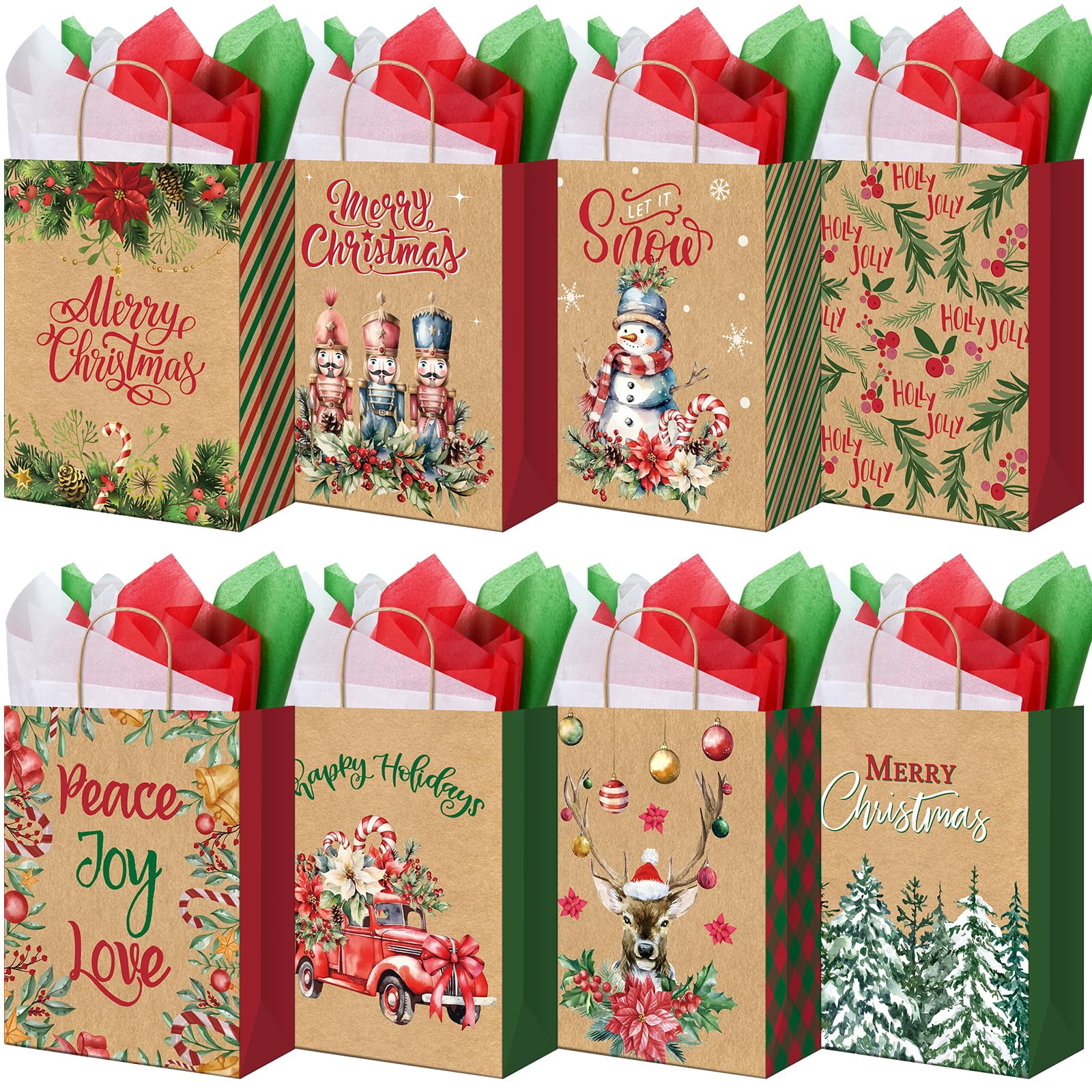 24 large christmas gift bags with 24 tissue bulk holiday kraft paper