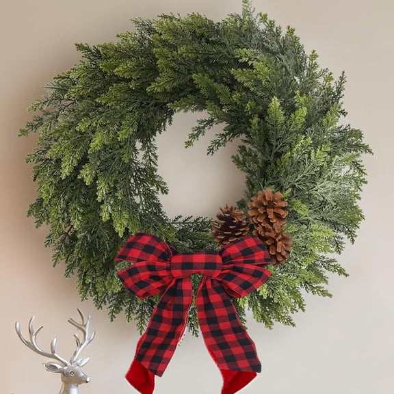 24" Large Christmas Wreath with Pine Cones & Plaid Bow, Lifelike Evergreen for Front Door Window Porch Indoor/Outdoor