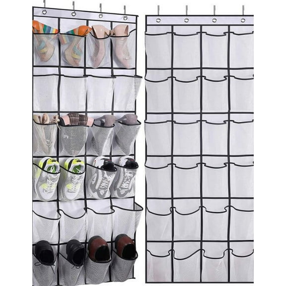 24 Large Mesh Pockets Over The Door Shoe Rack, Hanging Shoe Organizer for Closet Hanging Shoe Rack Holder Hanger, White2Pack