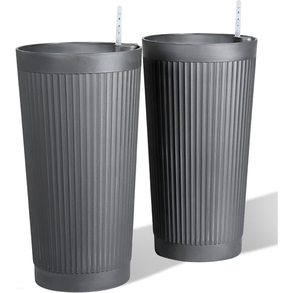 24" Large Planter Set of 2, Self Watering Tall Plastic Planters for Outdoor Plants, Modern Flower Pots Planter Outdoor for Patio, Front Door Decor, with Drainage (Gray Ribbed)