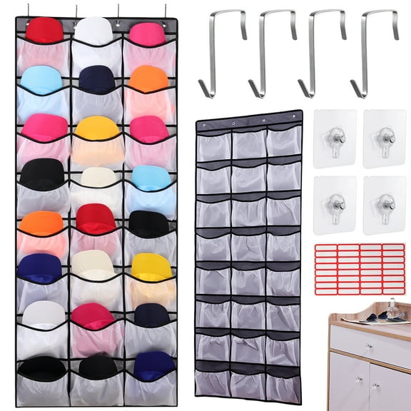 24 Large Pockets Hat Rack for Baseball Caps Wall Storage, Over the Door Organizer Closet Hanger Holders for Shoes, Toy, Toiletries, Snacks Display