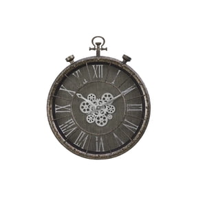 24" Large Vintage Industrial Wall Clock with Moving Gears, Steampunk Battery Operated Oversized Pocket Watch Design, Rustic Farmhouse Decor for Living Room, Office, Bar, Gray Bronze