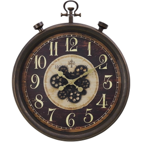 24" Large Vintage  Wall Clock with Moving Gears, Steampunk Battery Operated Oversized Pocket Watch Design, Rustic Farmhouse Decor for Living Room, Office, Bar, Brown Bronze