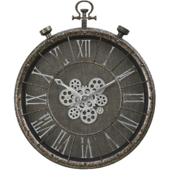 24" Large Vintage  Wall Clock with Moving Gears, Steampunk Battery Operated Oversized Pocket Watch Design, Rustic Farmhouse Decor for Living Room, Office, Bar, Gray Bronze