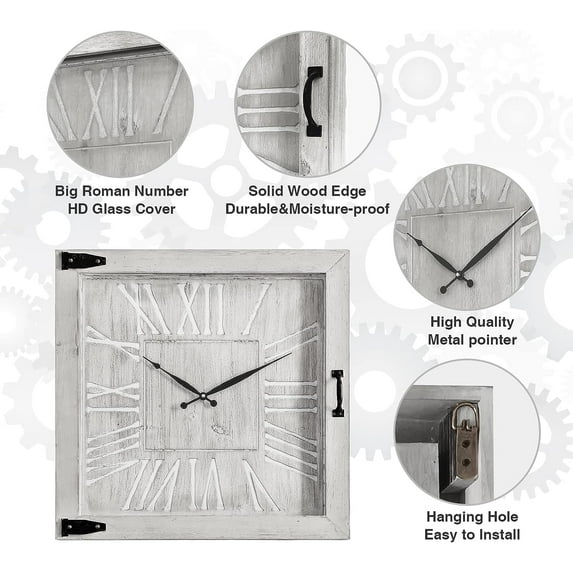 24" Large Wall Clock for Living Room Decor Battery Operated Big Oversize Silent Vintage Rustic Industrial Decorative Wood Wall Clock for Office Home Bedroom Dinning Room (Gray White)
