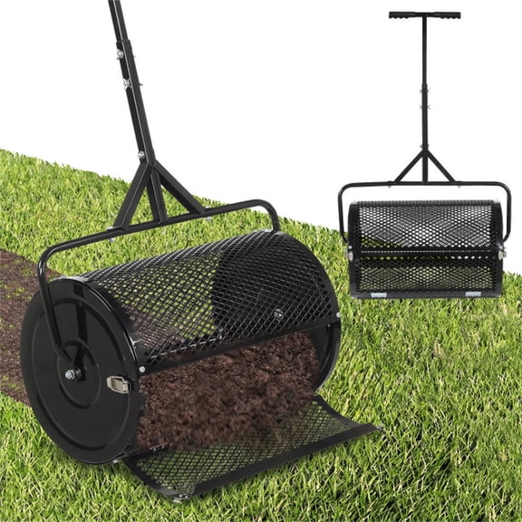 24" Lawn Topdressing Spreader with 0.75"0.5" Mesh 2.7 Cu.ft Capacity Compost Spreader for Soil Sand Fertilizer Height-Adjustable Handle (Black)