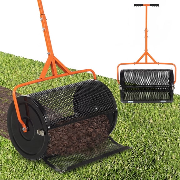 24" Lawn Topdressing Spreader with 0.75"0.5" Mesh 2.7 Cu.ft Capacity Compost Spreader for Soil Sand Fertilizer Height-Adjustable Handle (Orange)