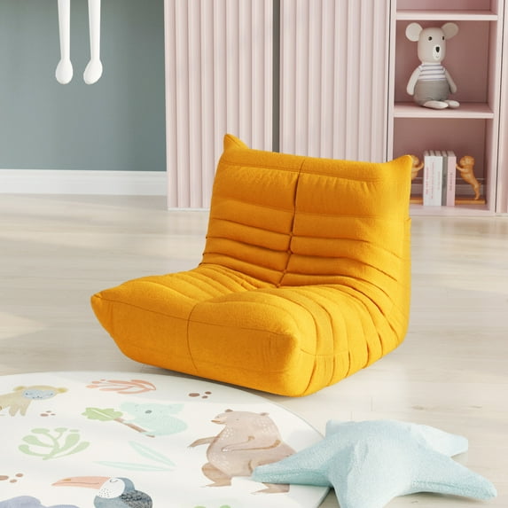 24" Lazy Floor Sofa Couch for Children, Velvet Armless Single-SeatCouch with Backrest, Modern Fireside Corner Lounge Chair for Living Room Bedroom Game Room, Yellow