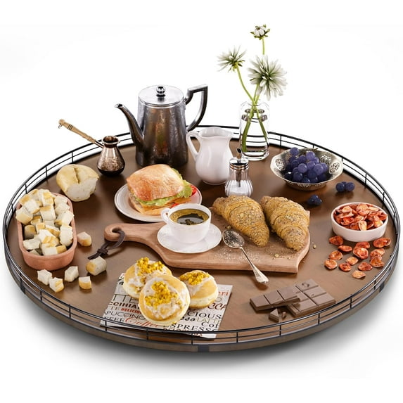 24" Lazy Susan Turntable Organizer for Cabinet, Round Wooden Lazy Susan Organization and Storage for Dining Table, Pantry, Kitchen, Countertop, Cupboard,Home Decor, Walnut