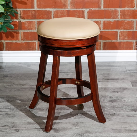 24" Leather Counter Stool With Soft Cushion, 360° Swivel Round Bar Stool With Solid Wood Frame and Round Footrest, Backless Swivel Stool, Cherry Finish, Bone Leather Seat