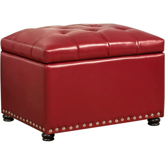 24'' Leather Storage Ottoman Rectangular Foot Rest Stool with Nailhead Trim for Bedroom Living Room(Red)
