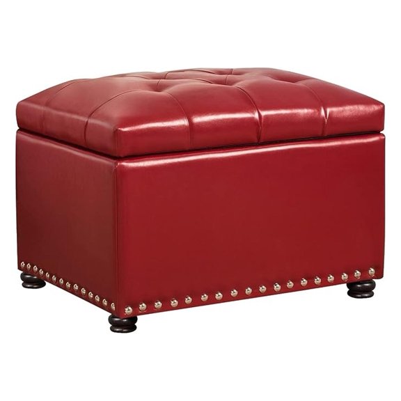 24" Leather Storage Ottoman - Red Rectangular Foot Rest Stool - Living Room Bedroom Décor