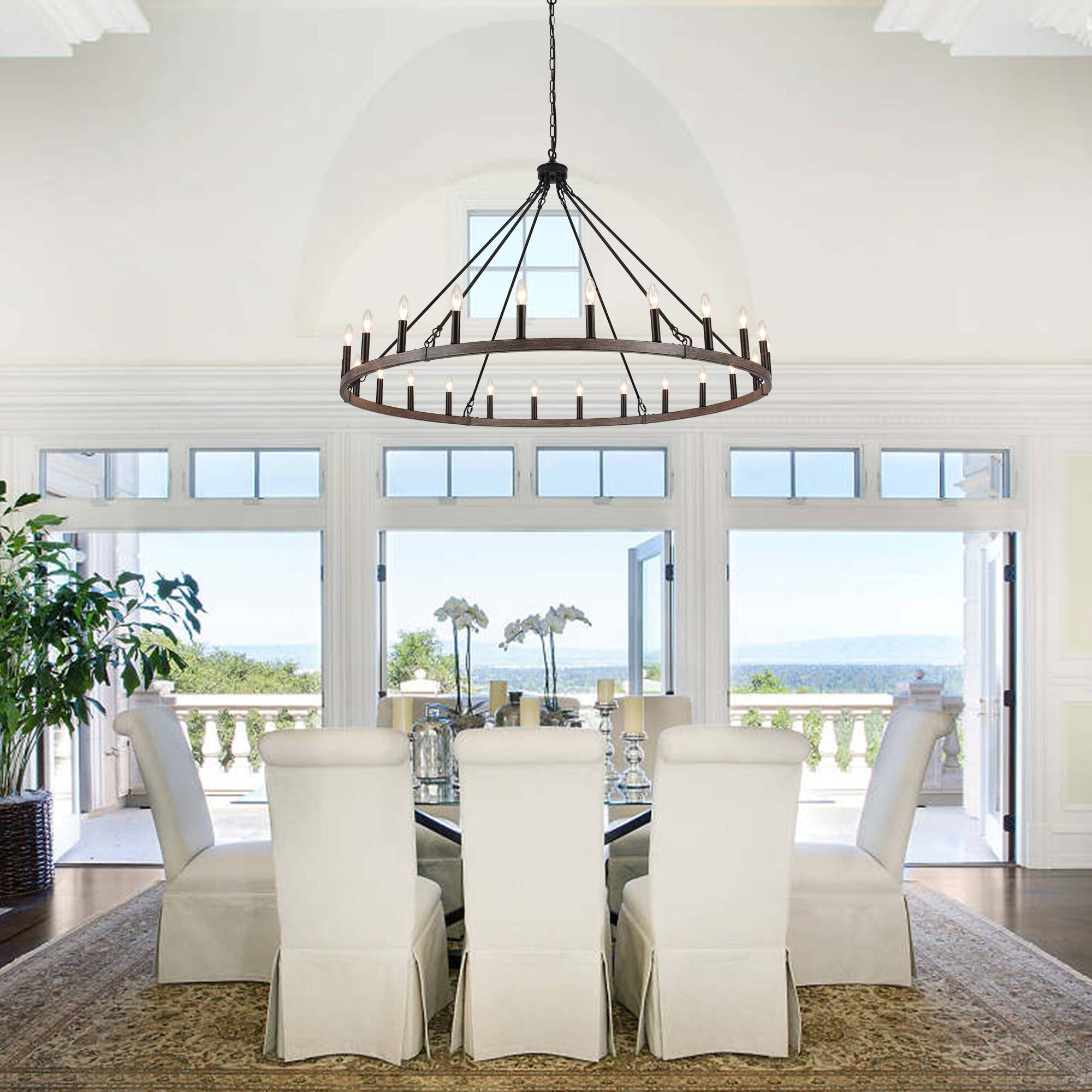 24-Light 51.97-inch Dimmable Round Wagon Wheel Chandelier for Dining Room Black/Brown