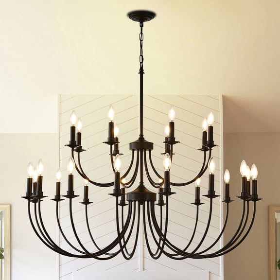 24-Light Black Farmhouse Chandeliers, 46-in Vintage Candle Large Chandelier for Entryway Kitchen Island Foyer