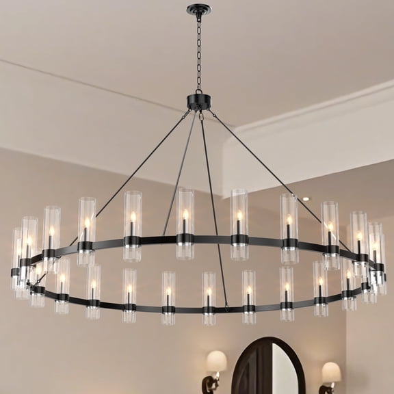 24-Light Black Wagon Wheel Chandelier with Glass Shade, 59" Large Farmhouse Pendant Light for High Ceilings - Perfect for Dining Rooms, Foyers & Entryways