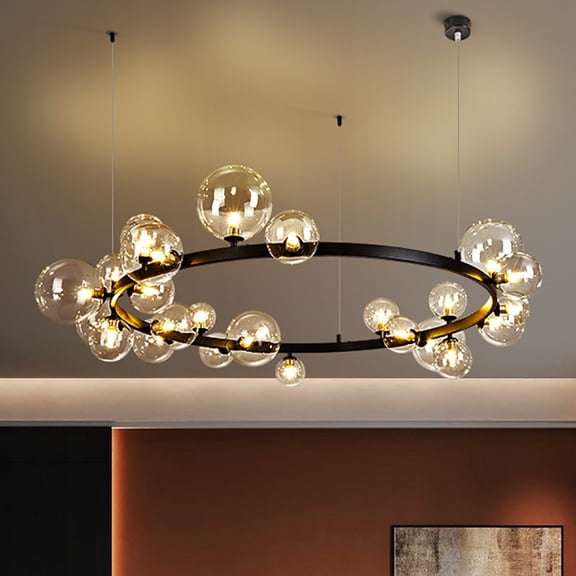 24-Light "Floating Bubbles" Circular Pendant Light - Black Forged Iron Frame & Clear Glass Shades (Includes G9 Bulbs)
