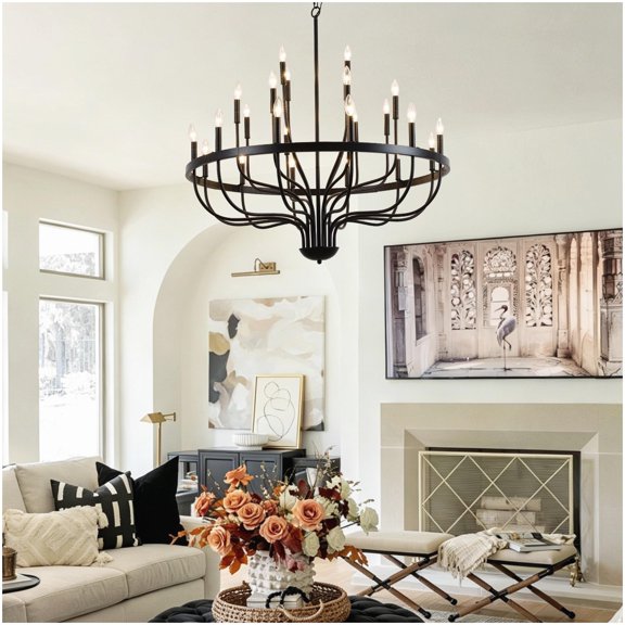 24-Light Matte Black Iron Chandelier Adjustable Suspended Light Fixture E12 Socket for Indoor Spaces Bulbs Not Included