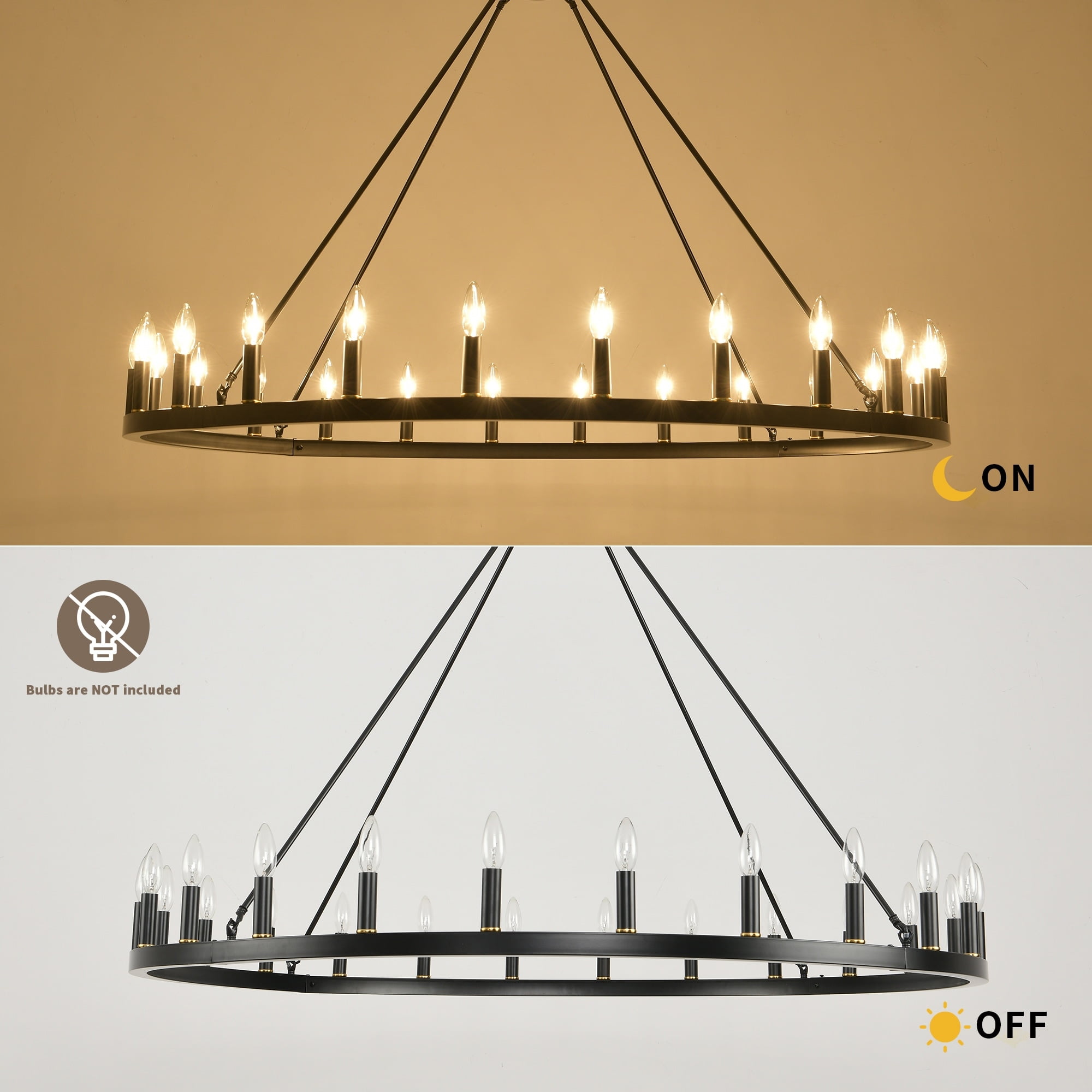 54-Inch Black Iron 24-Light Wagon Wheel Chandelier