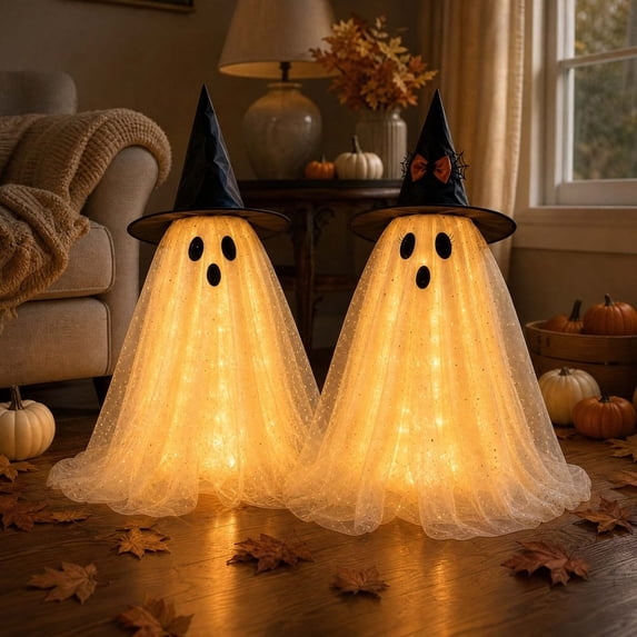 24" Light-up Ghosts with Witch Hats,2 Pcs Halloween Decorations Indoor Light-up Couple Ghost Ornament with String Lights Remote Control, Halloween Party Decor Set
