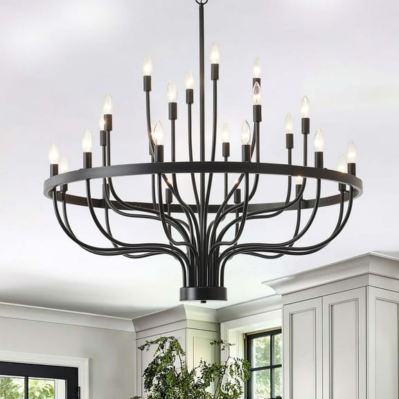 24-Lights Farmhouse Chandelier with Adjustable Height, Black Candle-Style Hanging Light for Entryway, Dining Room, High Ceiling Living Room, Hallway