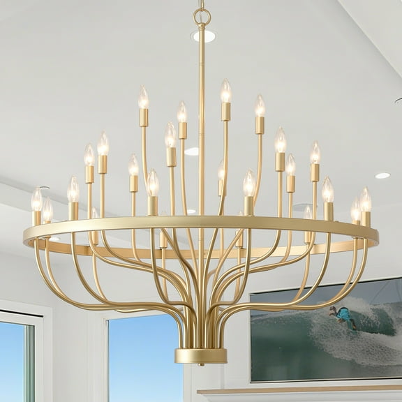 24 Lights Gold Chandelier Modern Farmhouse Pendant Lighting - Adjustable Height Antique Brass Ceiling Light for Dining Room, Foyer, Entryway, Living Room
