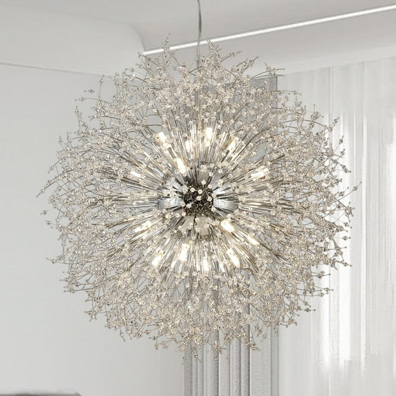 24-Lights Sputnik Farmhouse Chandelier Lighting, Modern Crystal Firework Pendant Lights, Large Dandelion Chrome High Ceiling Lamp for Bedroom Dining Room Kitchen Island