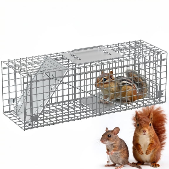 24" Live Animal Trap Cage, Humane Collapsible Steel Trap with Sensitive Trigger for Squirrels, Rabbits & Mice Outdoor Yard