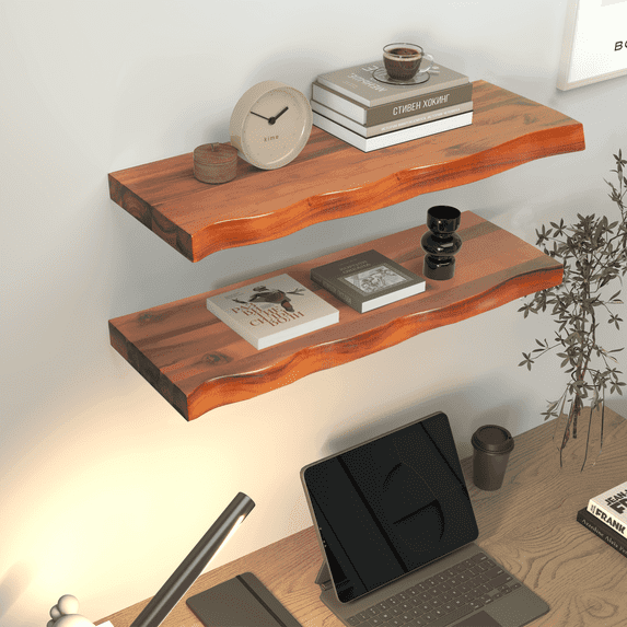 24'' Live Edge Floating Shelves Set of 2 - Thick and Heavy Floating Shelves for Wall, Rustic Shelves with Brackets for Home Decor, Farmhouse Bathroom Decor, Walnut Color, 24" x8''