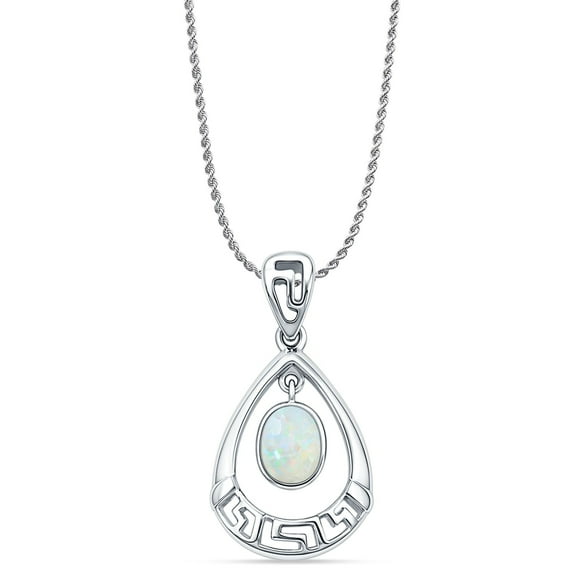 24" Long 1.1mm Rope Chain- Lab Created White Opal Dangle Drop Pear Pendant Necklace Vintage Style 925 Sterling Silver 31mm Pendant Gift For Her