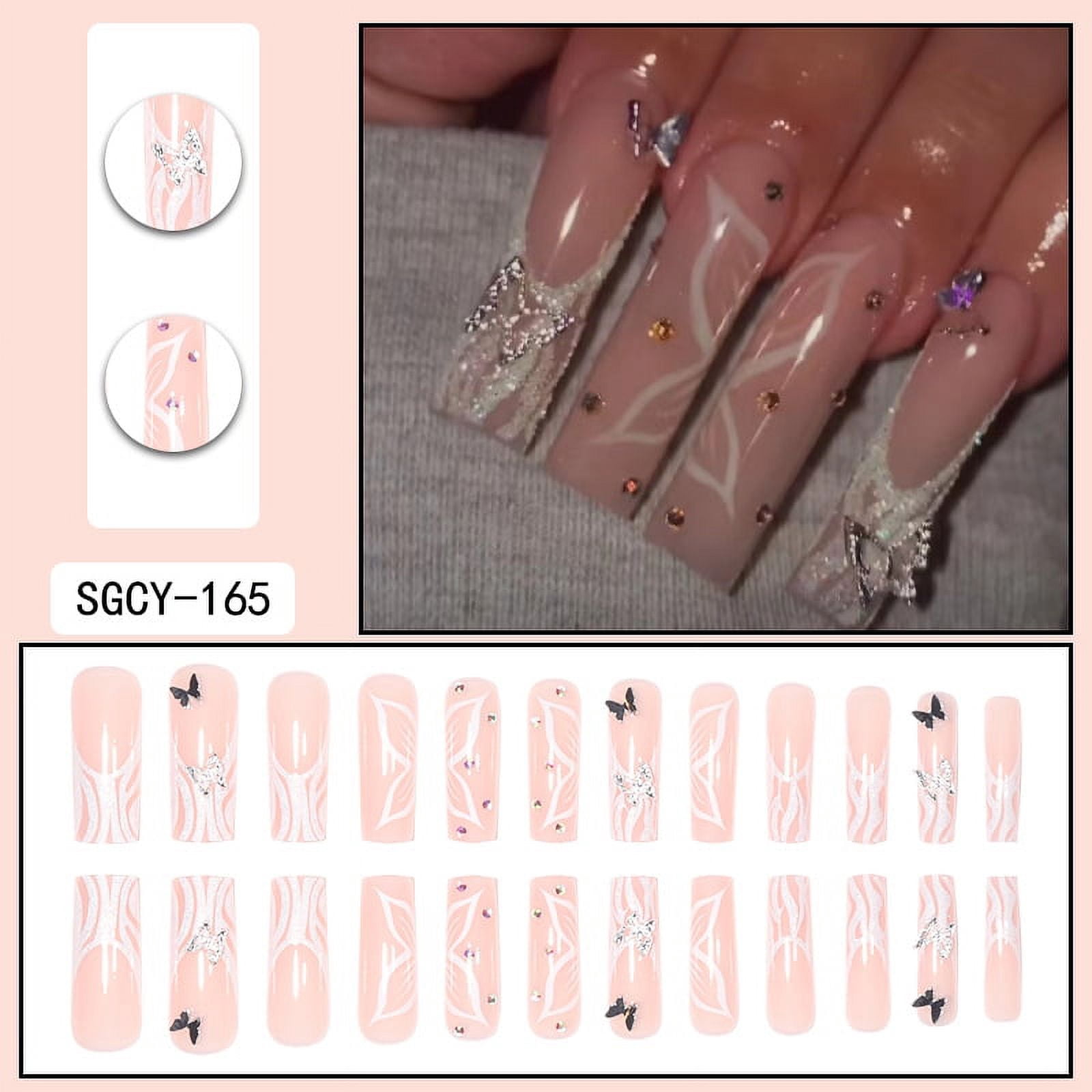 24 Long Coffins with French Patterns, Flowers, Butterfly Dots, Diamond Shiny Fake Nails, press on nails