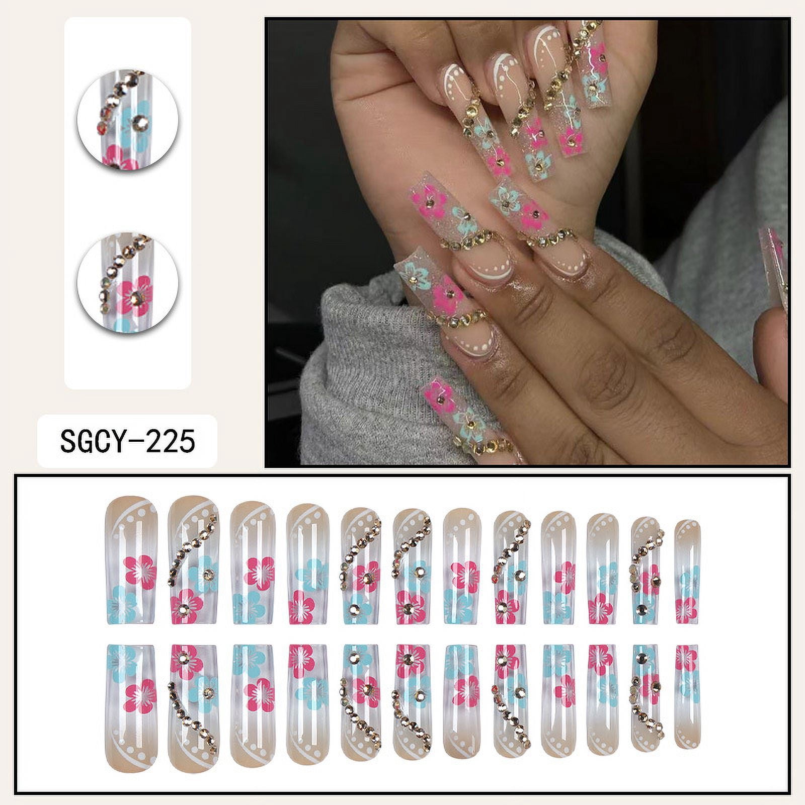 24 Long Coffins with French Patterns, Flowers, Butterfly Dots, Diamond Shiny Fake Nails, press on nails