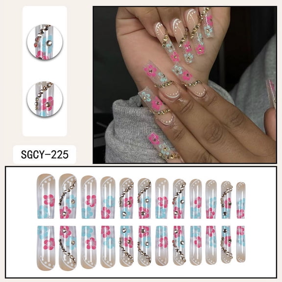 24 Long Coffins with French Patterns, Flowers, Butterfly Dots, Diamond Shiny Fake Nails, press on nails