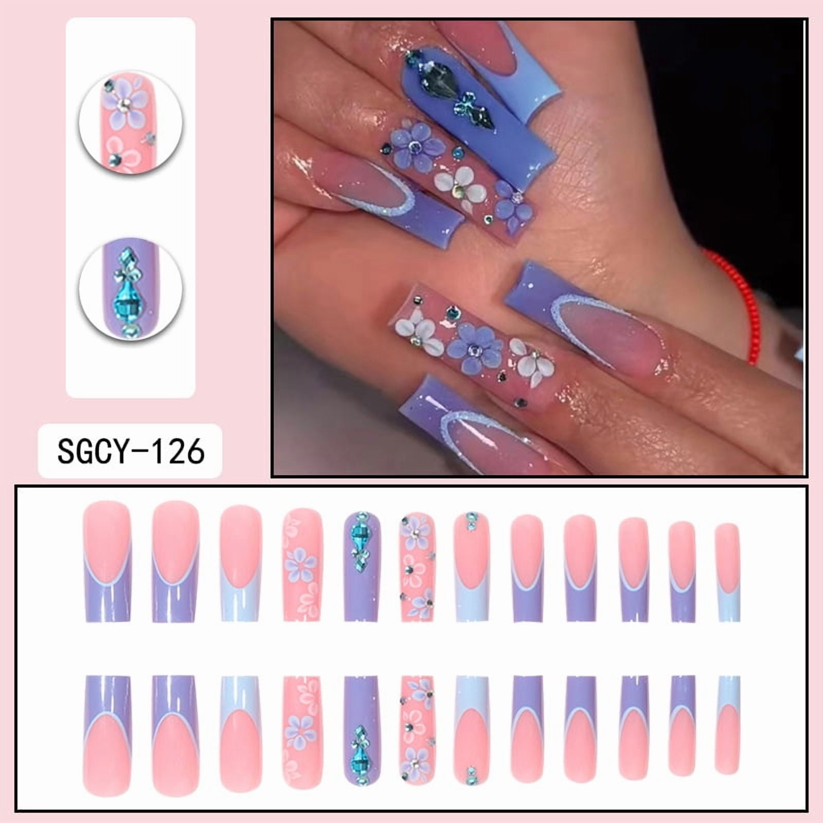 24 Long Coffins with Purple Flower Patterns ABS Full Gloss Fake Nails&1 Nail File and 1 Piece of Jelly Glue press on nails